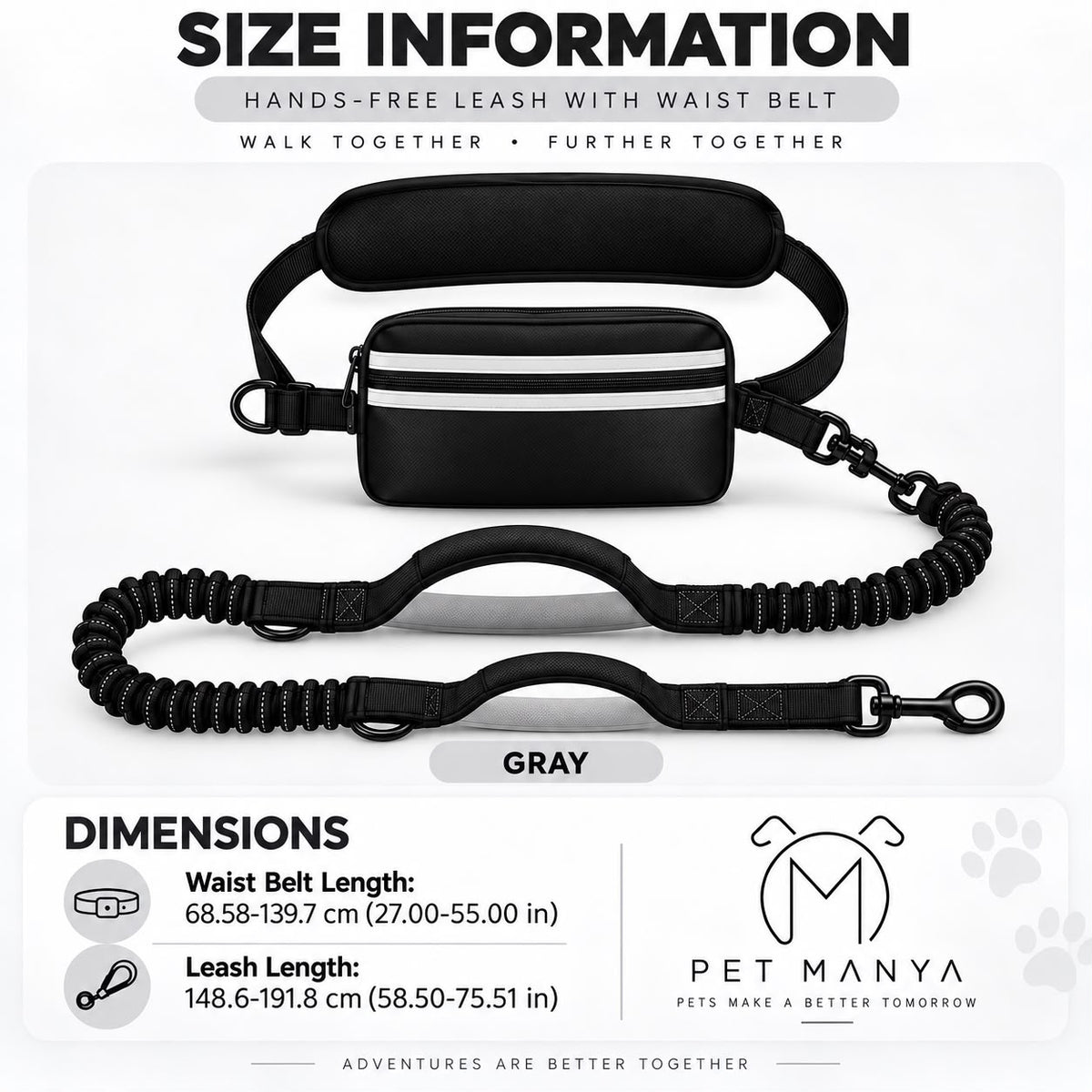 PETMANYA Reflective Hands-Free Running Single Leash in Gray - product photo