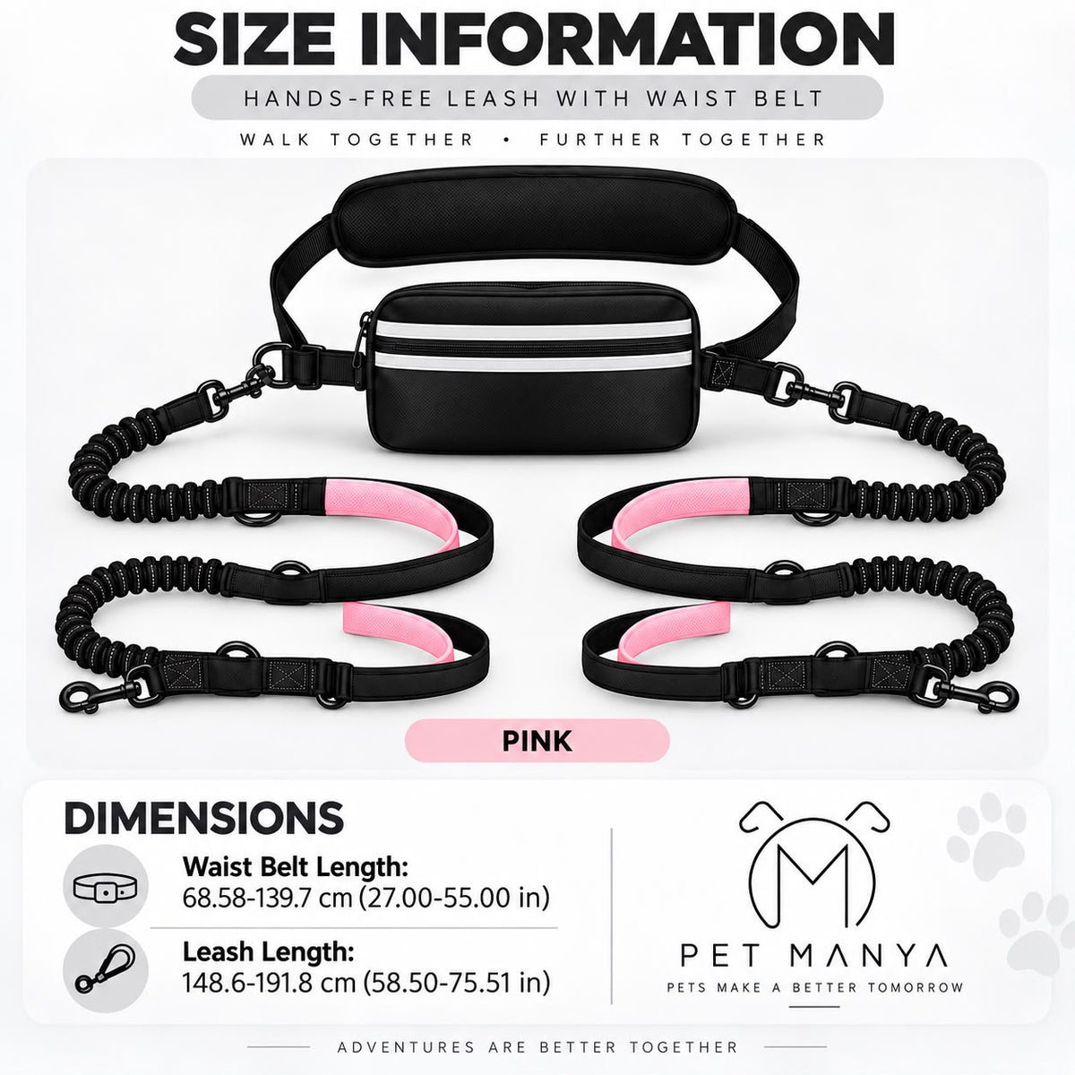 PETMANYA Reflective Hands-Free Running Double Leash in Pink - product photo