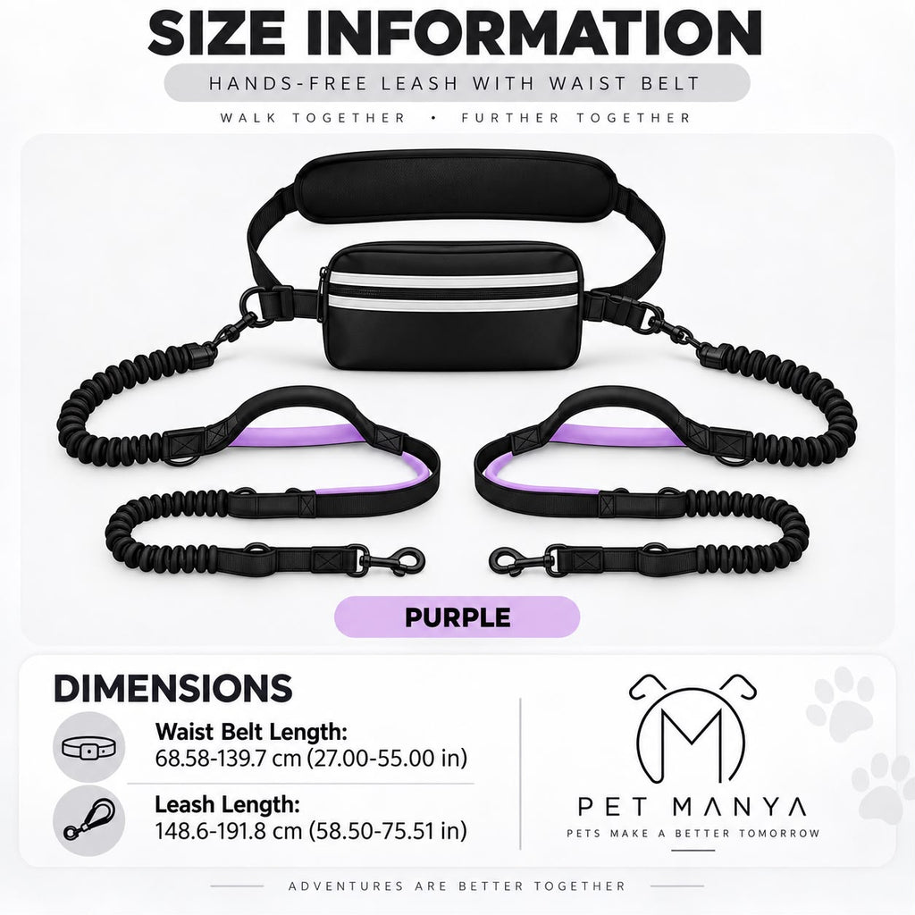 PETMANYA Reflective Hands-Free Running Double Leash in Purple - product photo