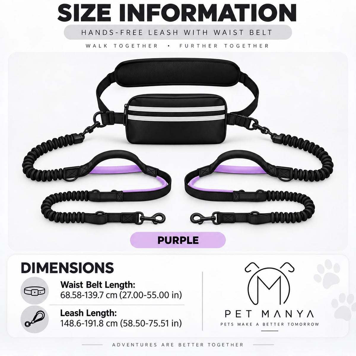 PETMANYA Reflective Hands-Free Running Double Leash in Purple - product photo