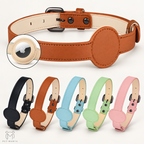 A tan leather pet collar with a large oval patch and metal buckle, shown on a white background with a circular inset of the patch. Five smaller color variants are lined up below: black, tan, light blue, mint green, and pink.