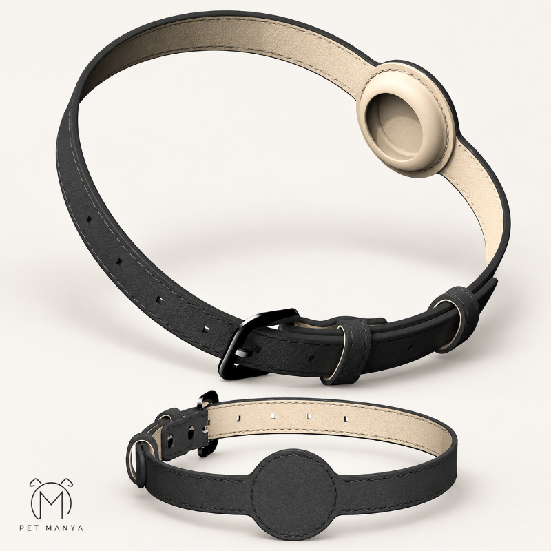 PETMANYA anti-lost pet collar in black, shown with two tracker holder styles