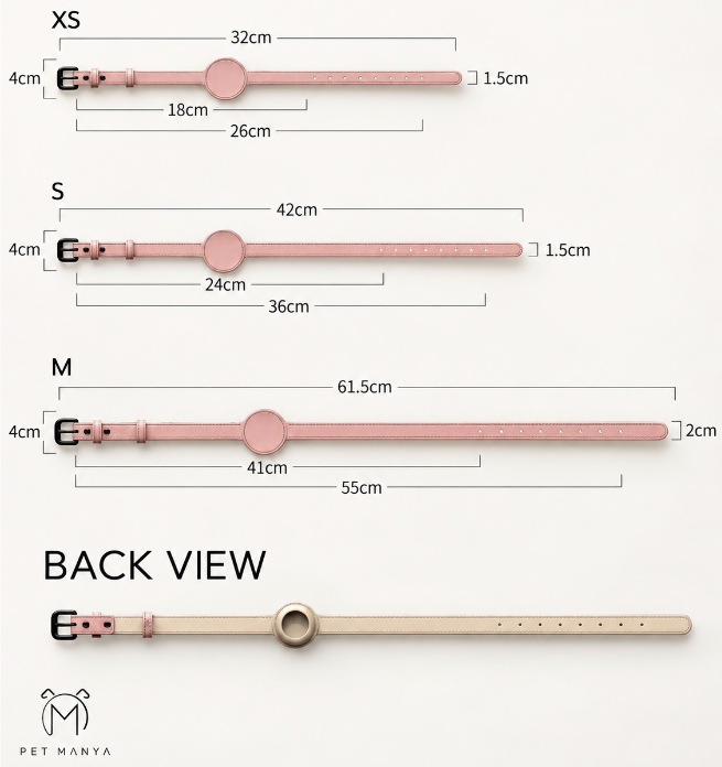 Size and measurement guide for a pet watch band, showingXS, S, and M front and back views with dimensions in centimeters on a light beige background. The brand name PET MANYA appears at the bottom left.