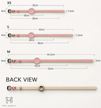 Size and measurement guide for a pet watch band, showingXS, S, and M front and back views with dimensions in centimeters on a light beige background. The brand name PET MANYA appears at the bottom left.