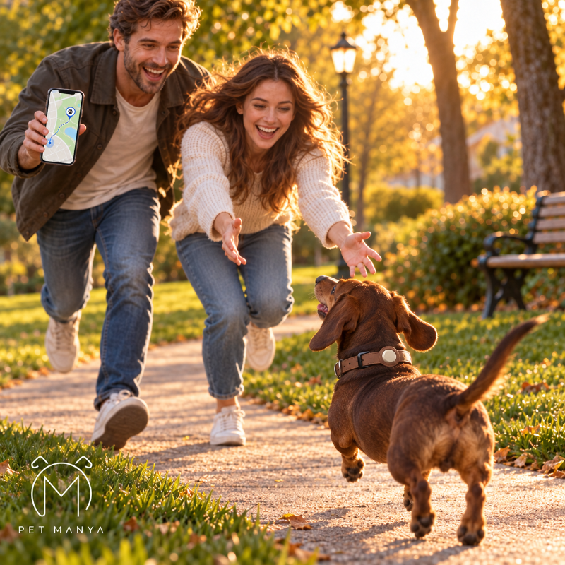 A smiling couple runs and reaches toward a brown dachshund dog on a sunlit park path. The woman wears a cream knit sweater and blue jeans, and the man wears a dark jacket and jeans.