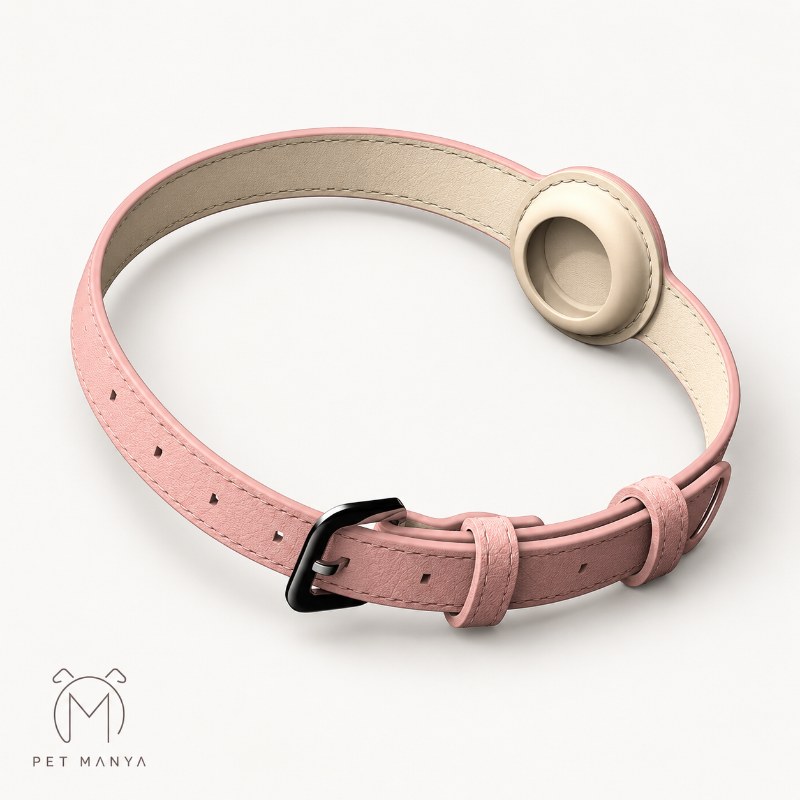 PETMANYA anti-lost pet collar in pink faux leather with black buckle and tracker holder