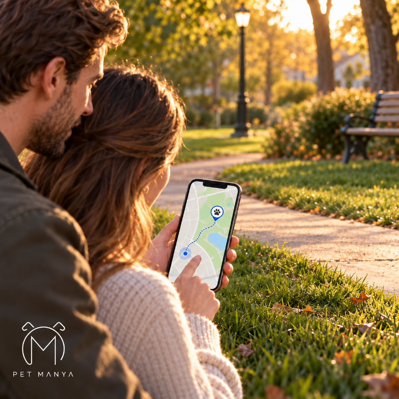 A couple sitting outdoors on a park bench in warm golden hour light, looking at a smartphone screen showing a pet location map. A black dog is visible near the phone.