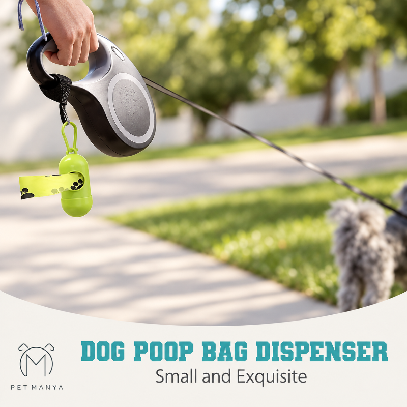A dog poop bag dispenser in bright lime green is shown clipped to a retractable pet leash held by a person outdoors on a blurred lawn path. Text at the bottom reads 'DOG POOP BAG DISPENSER Small and Exquisite' with the Pet Manya logo.