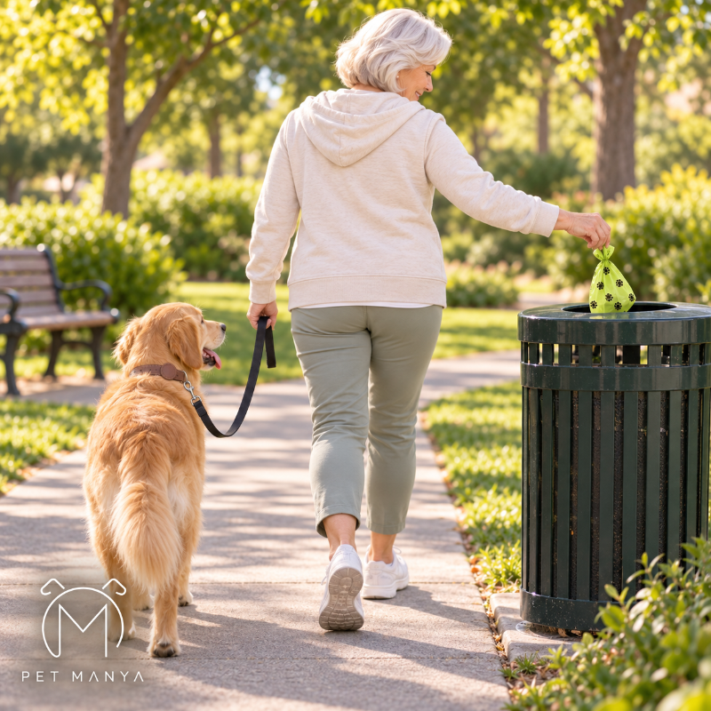A woman walks a golden retriever on a leash in a sunny park while disposing of a green polka-dot pet waste bag into a trash can. The photo is taken from behind, showing the woman in a cream hoodie and sage green pants, with the dog on a black leash.