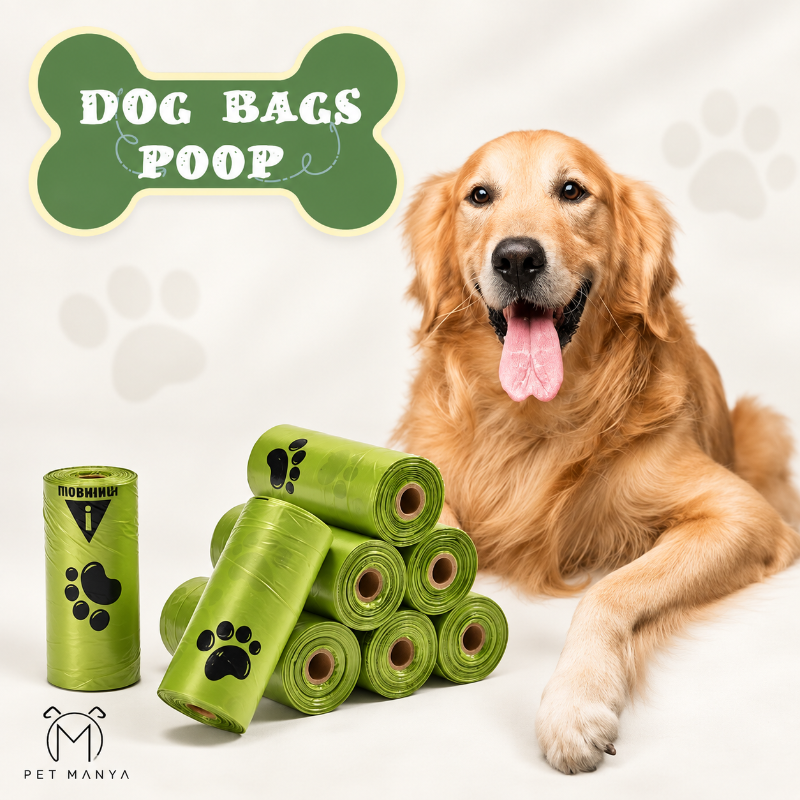 A golden retriever dog is lying on a white studio background next to several rolls of green dog poop bags, with one upright roll showing black paw prints. A green bone-shaped sign at the top reads “DOG BAGS POOP,” and the Pet Manya logo appears at the bottom left.