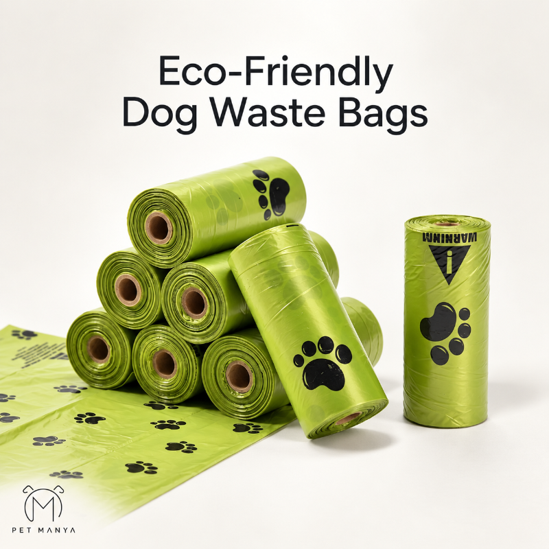 Eco-friendly dog waste bags in bright green rolls with black paw print designs, displayed on a clean white background with the text 'Eco-Friendly Dog Waste Bags' at the top and the brand 'Pet Manya' at the bottom left.