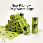 Eco-friendly dog waste bags in bright green rolls with black paw print designs, displayed on a clean white background with the text 'Eco-Friendly Dog Waste Bags' at the top and the brand 'Pet Manya' at the bottom left.