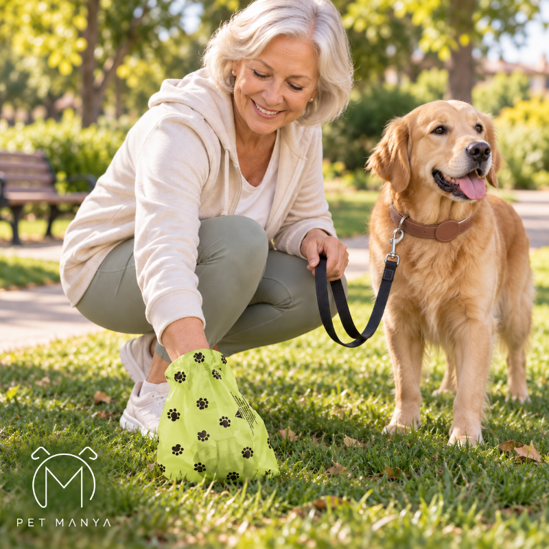 A woman crouches on a grassy park lawn next to a golden retriever dog, holding a bright lime green dog toy with black paw prints. The dog is wearing a brown collar and leash.