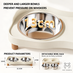 An elevated pet feeder bowl set shown on a clean white background with marketing text and dimension callouts. The product features a cream-colored plastic base with light wood legs and two stainless steel bowls.