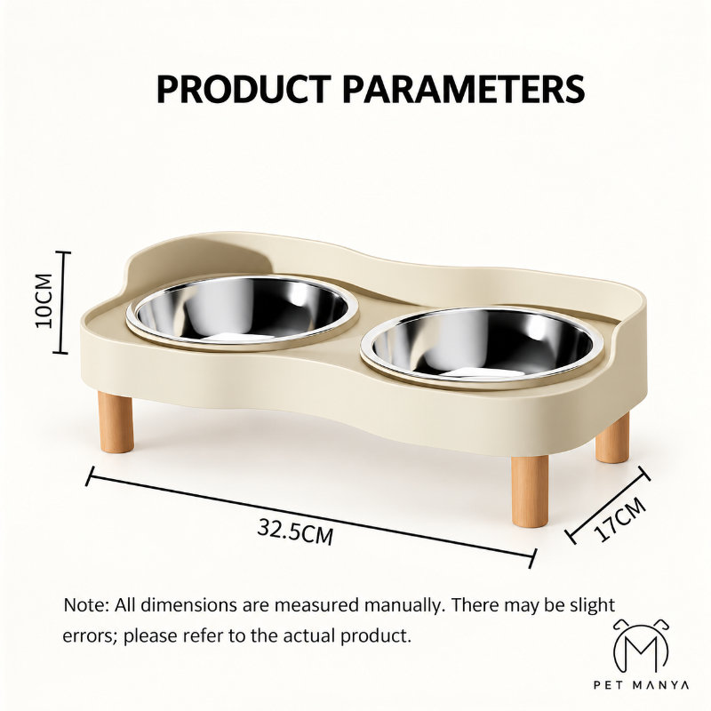 A pet elevated feeding station with two stainless steel bowls, shown with dimension lines and text reading product parameters: 32.5 cm width, 17 cm depth, and 10 cm height.