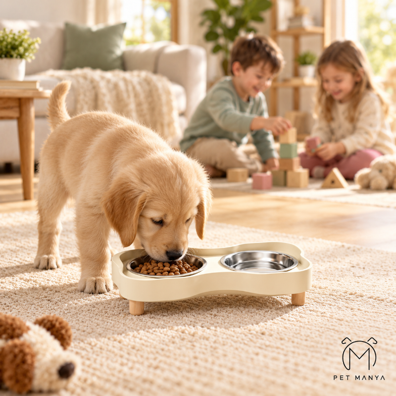 A golden retriever puppy eats from a beige bone-shaped elevated pet feeder with two bowls, while two children play blocks in the background of a cozy living room. The PET MANYA logo is visible in the bottom right corner.
