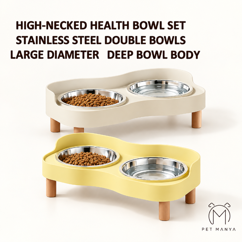 Two high-necked double pet bowls on wooden legs, shown in cream and pastel yellow. One bowl contains kibble.