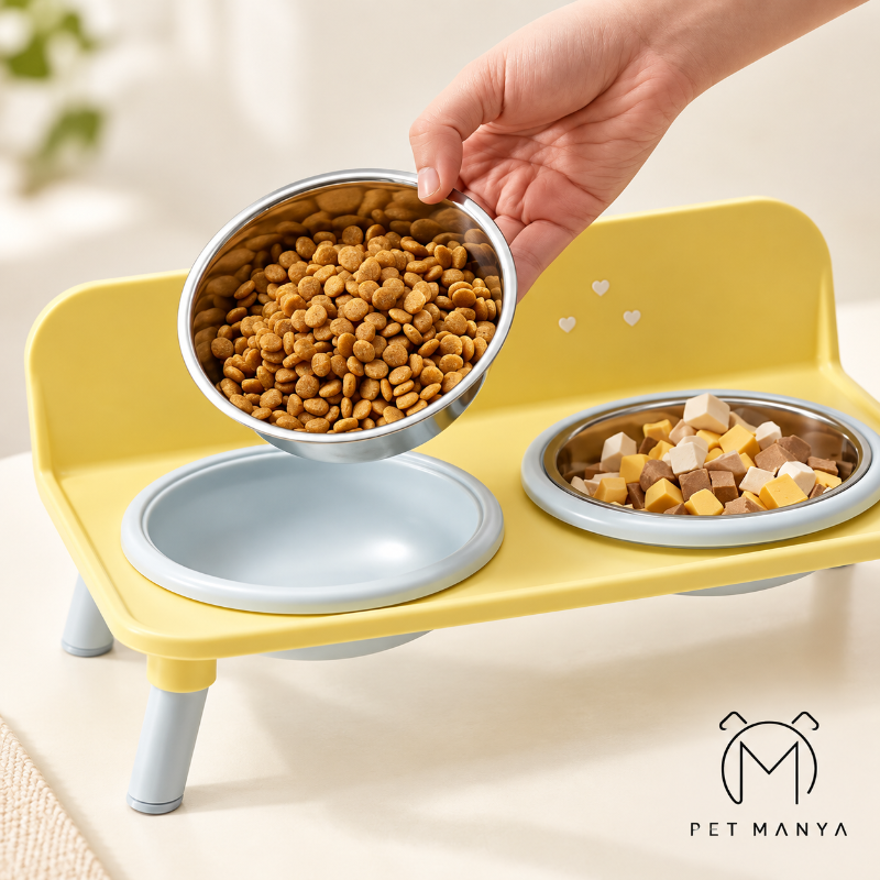 A yellow elevated pet feeding station with two bowls, shown with a hand pouring dry cat food into one bowl and wet cubed food into the other. The brand name 'PET MANYA' is visible in the bottom right corner.