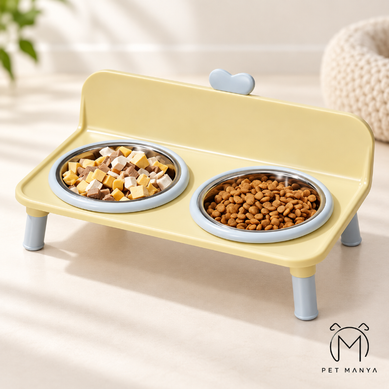 A yellow elevated pet feeder with two bowls, one filled with dry kibble and the other with cubed wet food, set in a softly lit indoor environment. The brand logo 'PET MANYA' is visible in the bottom right corner.