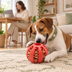 A brown and white dog lies on a beige rug in a bright living room, chewing on a red spherical dog toy with visible kibble inside. A woman sits at a desk in the background near a sofa and plants.