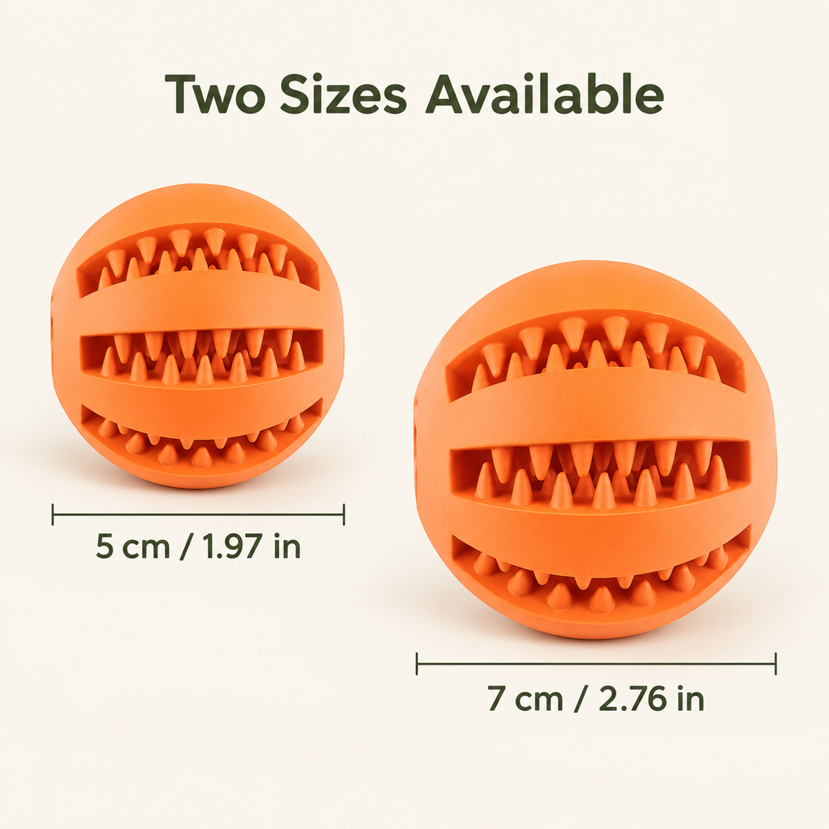 Two orange spherical dog toys with textured ridges, shown in two sizes labeled 5 cm / 1.97 in and 7 cm / 2.