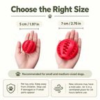 Size guide graphic for a red silicone dog chew toy, showing the toy held in a hand for 5 cm (1.97 in) and 7 cm (2.