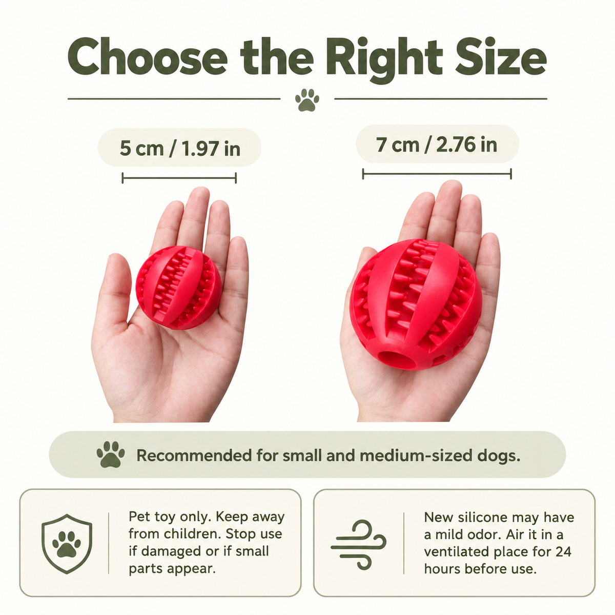 Size guide graphic for a red silicone dog chew toy, showing the toy held in a hand for 5 cm (1.97 in) and 7 cm (2.