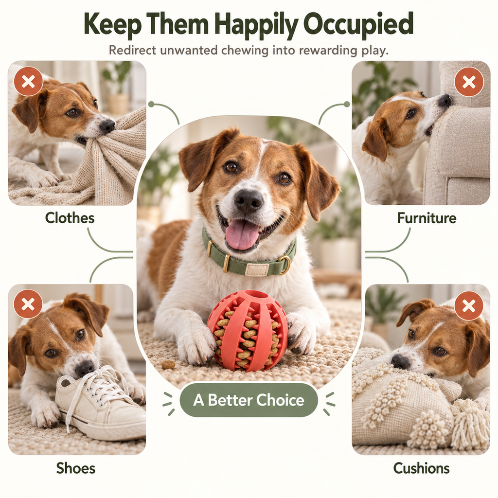 Promotional graphic for a dog chew toy, featuring a central dog lying on a rug with a red ball toy in front of its face. Surrounding the center are four smaller panels showing dogs chewing on inappropriate items: clothes, furniture, shoes, and cushions, each marked with a red X.