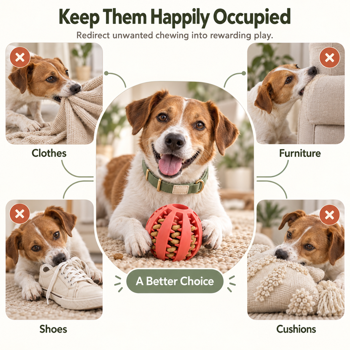 Promotional graphic for a dog chew toy, featuring a central dog lying on a rug with a red ball toy in front of its face. Surrounding the center are four smaller panels showing dogs chewing on inappropriate items: clothes, furniture, shoes, and cushions, each marked with a red X.