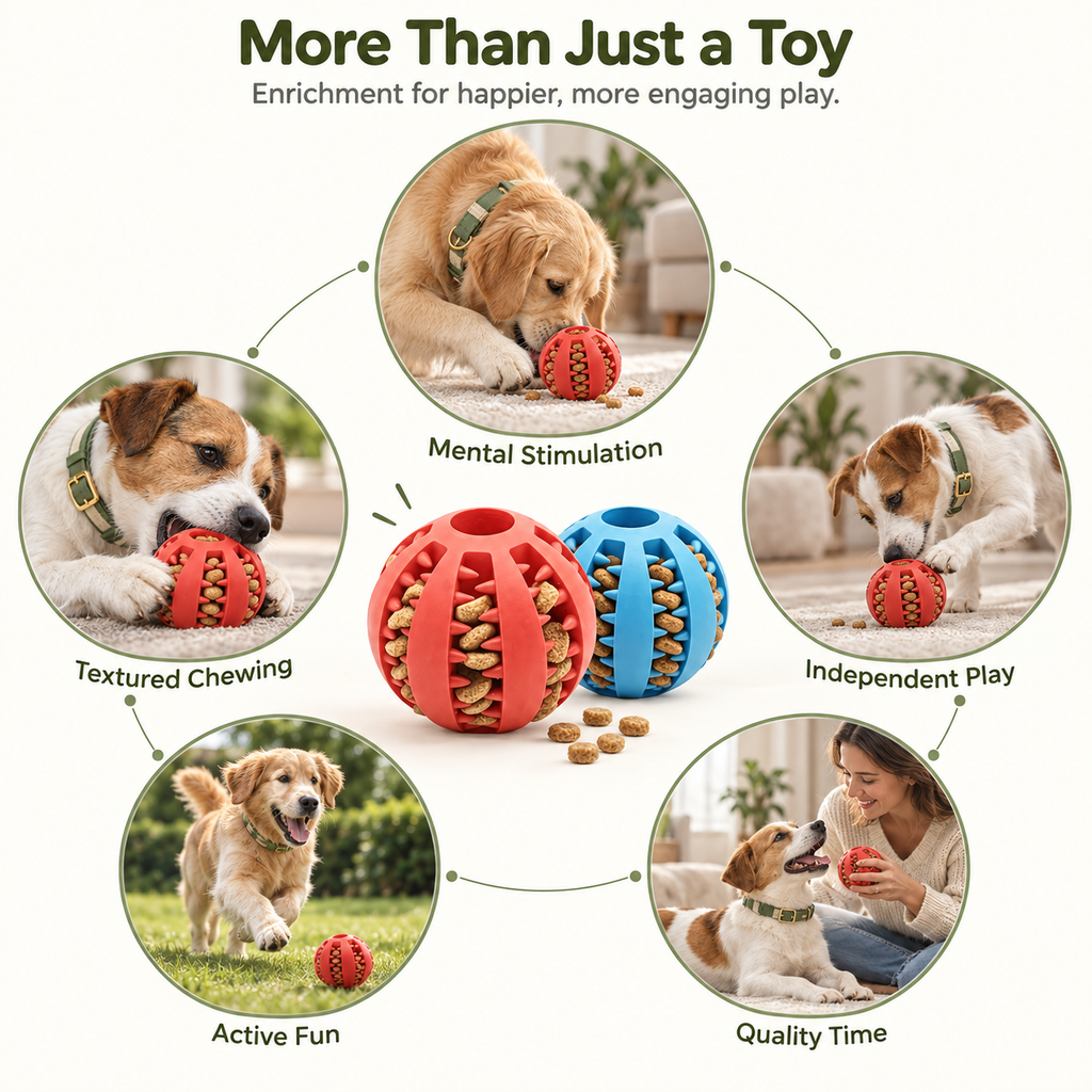 Promotional graphic for a dog toy showing a red and blue spherical puzzle ball in the center, surrounded by six circular lifestyle photos of dogs and a person using the toy for mental stimulation, textured chewing, independent play, active fun, and quality time. Headline text at the top reads 'More Than Just a Toy.
