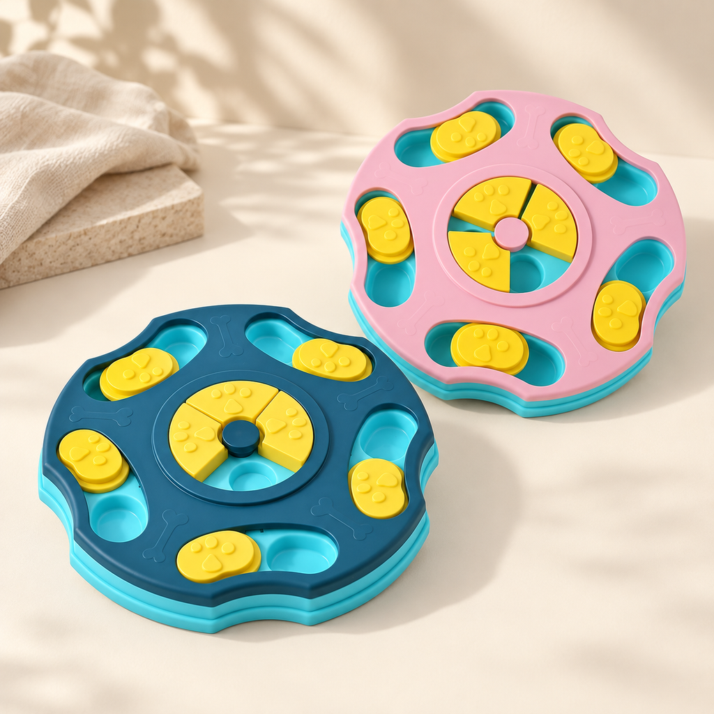Two pet puzzle toys, one pink and one blue, with yellow paw-shaped pieces, displayed on a light beige surface with soft shadows and a folded cloth in the background.