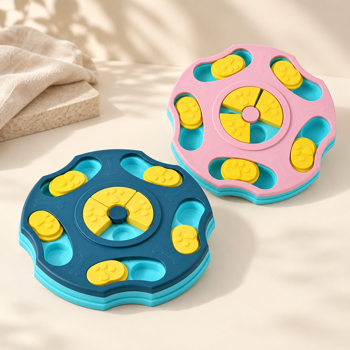 Two pet puzzle toys, one pink and one blue, with yellow paw-shaped pieces, displayed on a light beige surface with soft shadows and a folded cloth in the background.