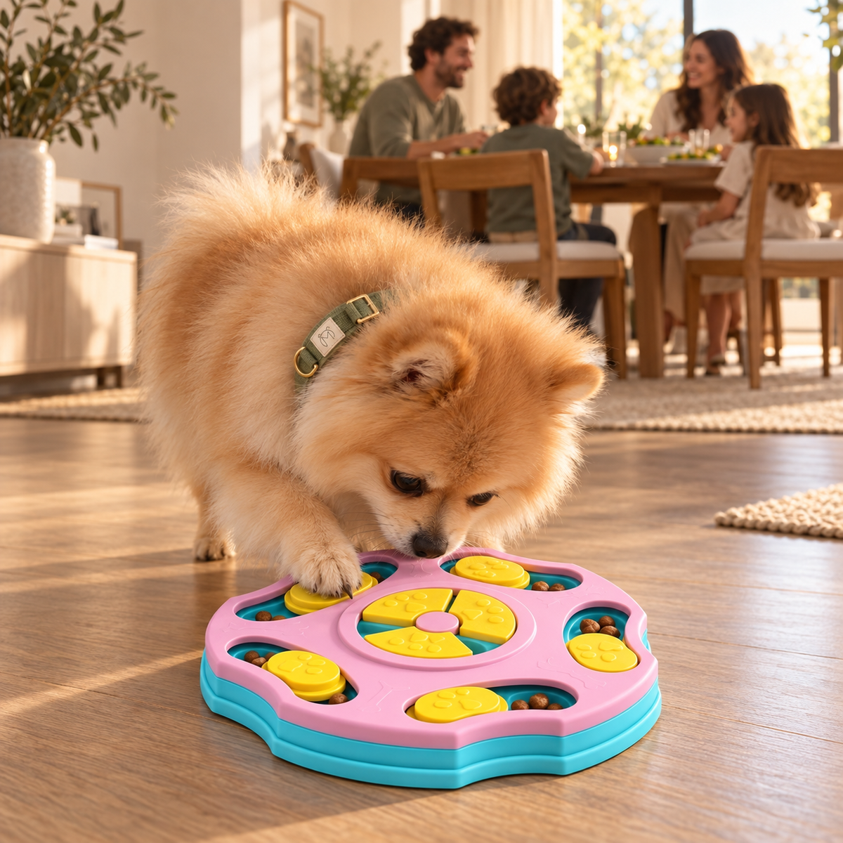 A fluffy tan Pomeranian dog wearing a green collar investigates a pink and turquoise interactive puzzle toy with yellow wheels and visible kibble on a wooden floor in a bright, modern living room. A dining area with a family is softly blurred in the background.