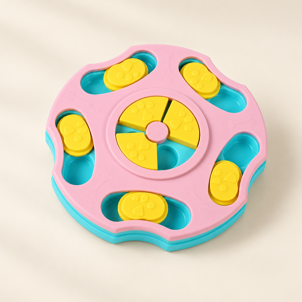 A colorful plastic toy puzzle board with a pink outer ring, turquoise blue base and slots, and yellow movable pieces, photographed on a clean light beige background.