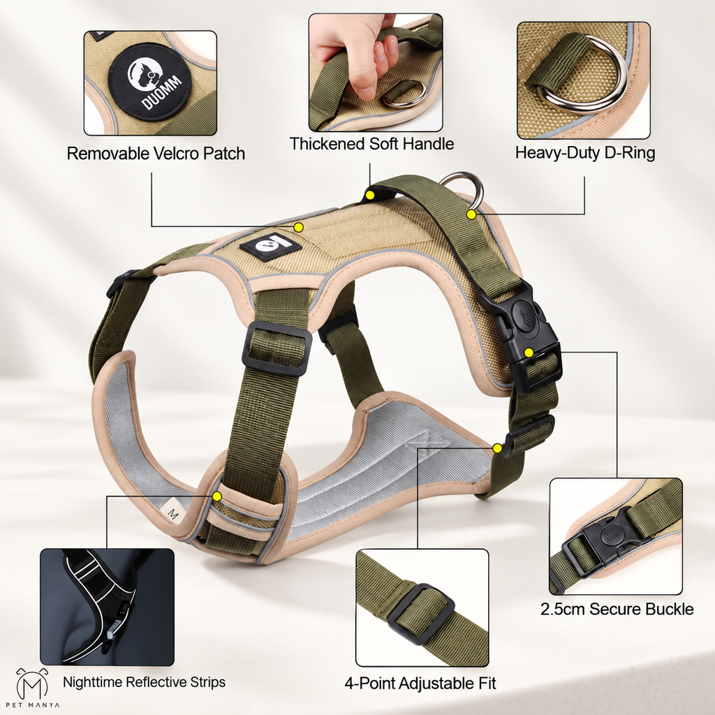 A dog harness shown on a light neutral background with callout annotations highlighting features such as a removable velcro patch, thickened soft handle, heavy-duty D-ring, adjustable fit, secure buckle, and reflective strips. The harness has olive green webbing and trim with a beige mesh body and black plastic hardware.