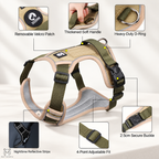 A dog harness shown on a light neutral background with callout annotations highlighting features such as a removable velcro patch, thickened soft handle, heavy-duty D-ring, adjustable fit, secure buckle, and reflective strips. The harness has olive green webbing and trim with a beige mesh body and black plastic hardware.