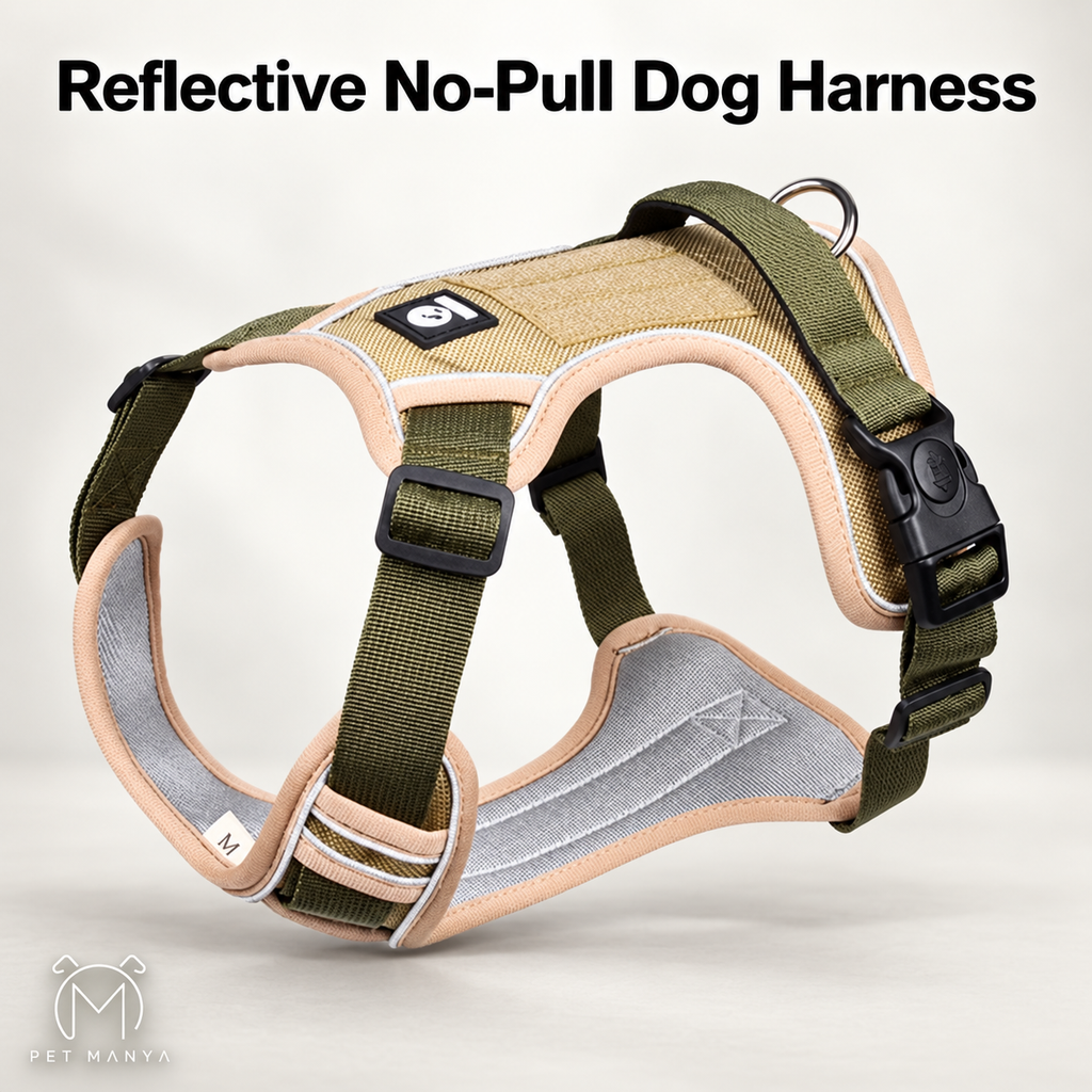 Reflective no-pull dog harness in olive green and beige with gray padded lining, shown on a light gray background with the text 'Reflective No-Pull Dog Harness' at the top and a Pet Manya logo at the bottom left.