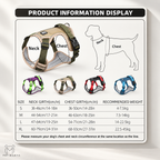 Product information display chart for a dog harness, showing a tan harness on a dog with neck and chest measurement lines, a dog outline diagram, four color options, and a size table with neck girth, chest girth, and recommended weight measurements.