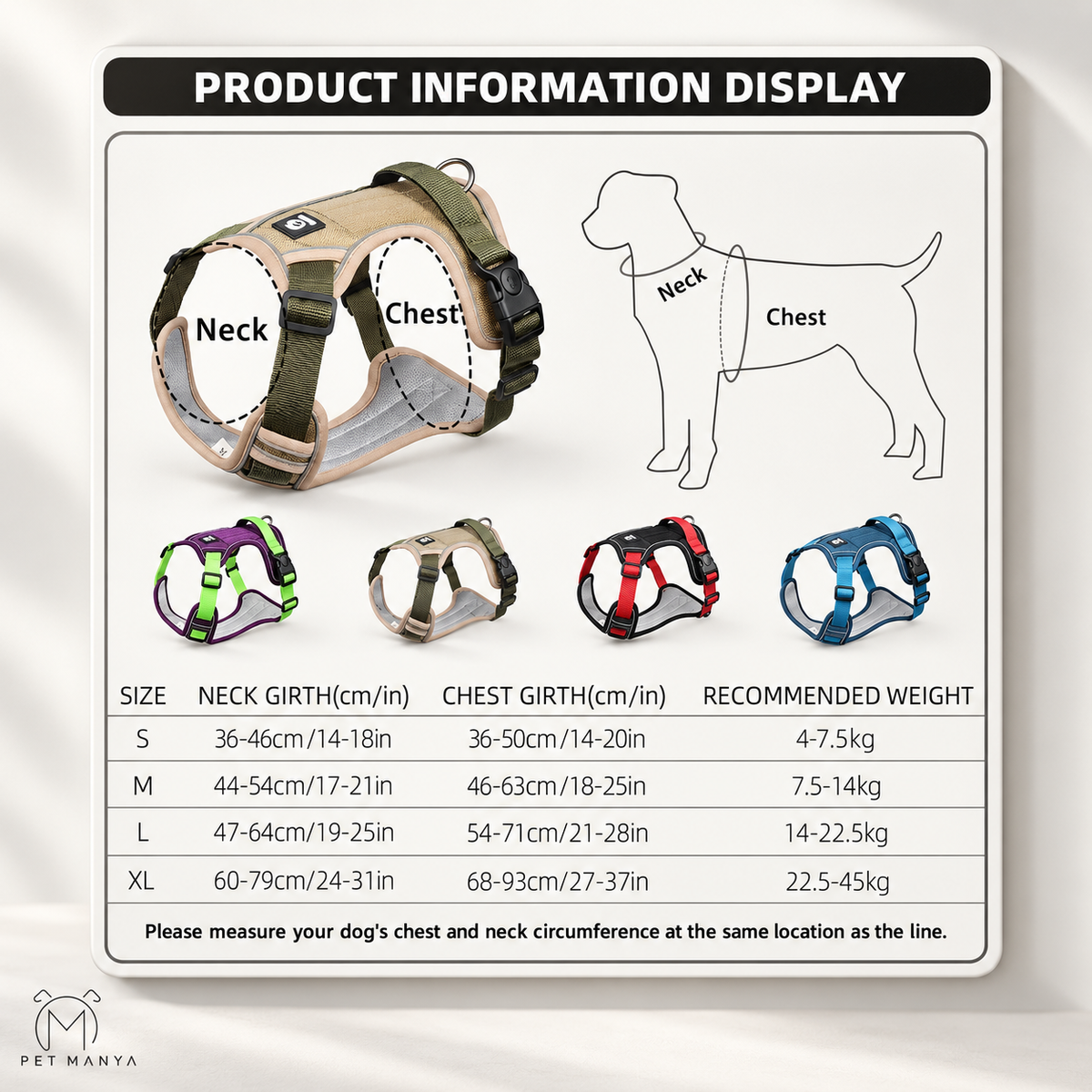 Product information display chart for a dog harness, showing a tan harness on a dog with neck and chest measurement lines, a dog outline diagram, four color options, and a size table with neck girth, chest girth, and recommended weight measurements.