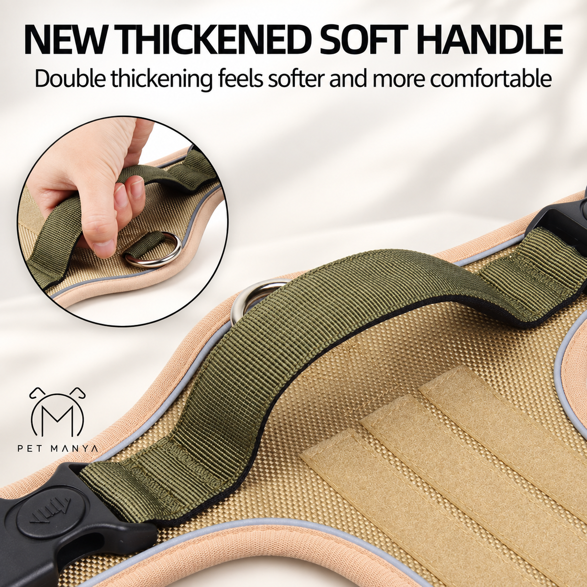 Close-up of a pet harness strap with a thickened soft handle, shown on white fabric with marketing text and a circular inset of a hand demonstrating the handle.