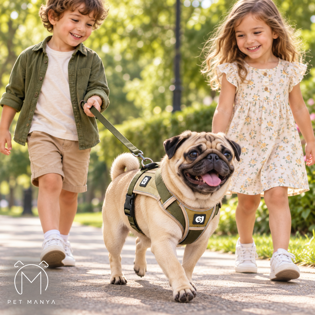 A pug dog wearing an olive green harness walks on a paved path outdoors, with a smiling boy on a leash on the left and a young girl in a floral dress on the right. The brand logo 'PET MANYA' is visible in the bottom-left corner.