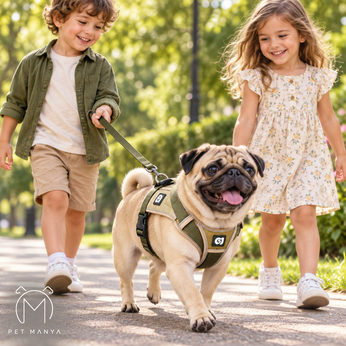 A pug dog wearing an olive green harness walks on a paved path outdoors, with a smiling boy on a leash on the left and a young girl in a floral dress on the right. The brand logo 'PET MANYA' is visible in the bottom-left corner.