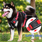 A black and red dog harness worn by a Shiba Inu dog outdoors on grass, with a circular inset showing the adjustable safety buckle and the text 'Safety plug'.