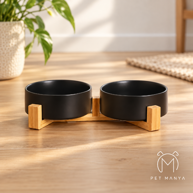 A double pet feeder bowl set with matte black ceramic bowls on a light natural wood stand, placed on a wooden floor in a bright room with a potted plant in the background.