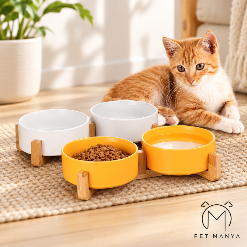 A ginger and white cat lies on a woven rug beside a pet feeder and waterer set. The set includes two white bowls and two bright yellow bowls on small wooden stands, with kibble in one food bowl and water in one drinker.