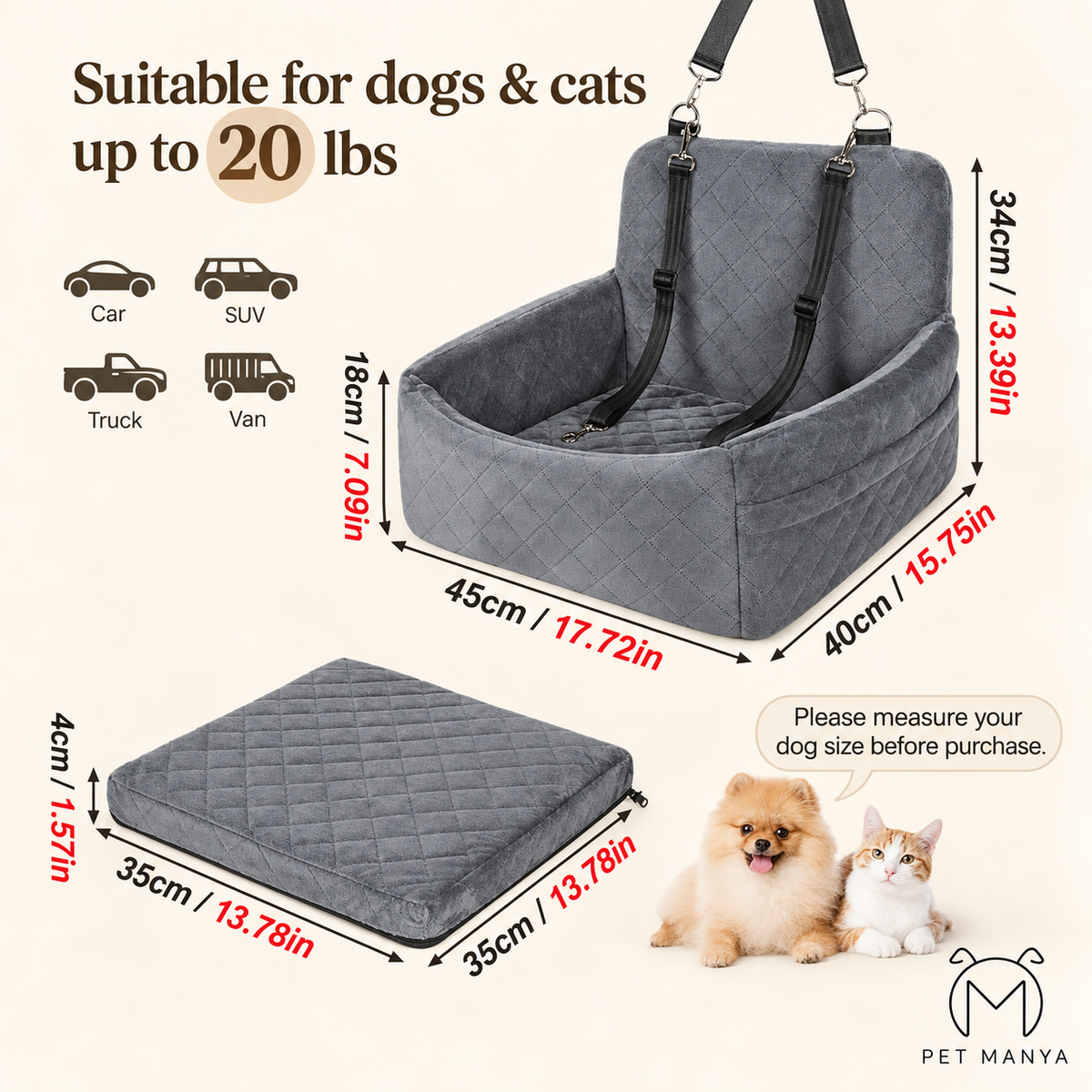 PETMANYA Portable Dog Car Seat - built-in storage pocket
