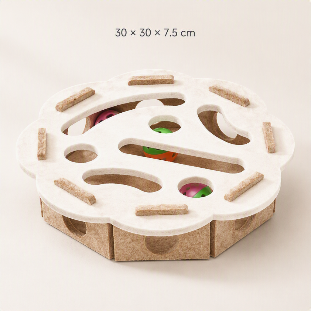 A wooden and felt cat toy with a circular white top, brown cardboard base, and colorful balls visible inside, shown on a light beige background with the text '30 x 30 x 7.5 cm' above it.