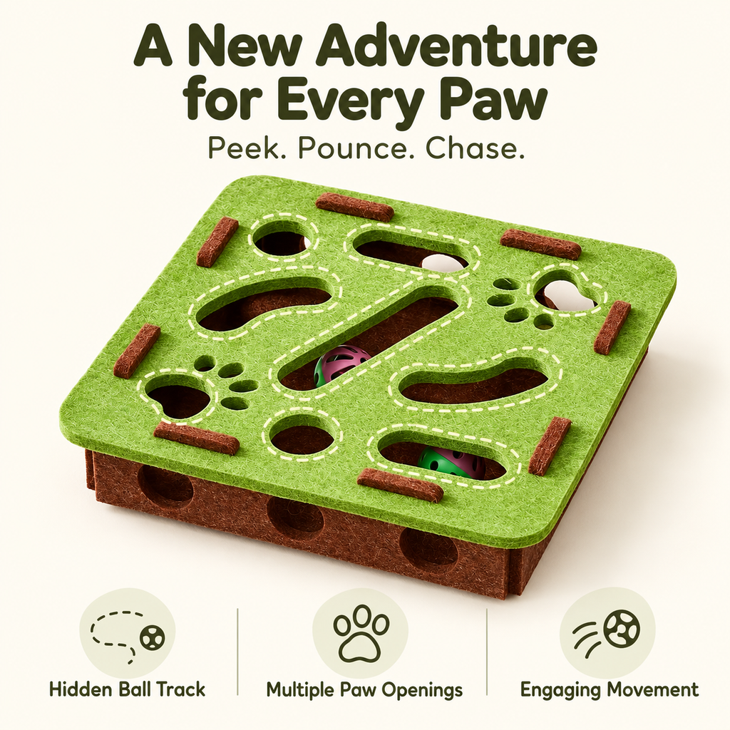 A square felt pet toy with a green top and brown base, featuring paw-print and track-shaped cutouts, small brown chew pieces, and colorful balls visible inside. Large text at the top reads 'A New Adventure for Every Paw' and three feature icons at the bottom describe hidden ball track, multiple paw openings, and engaging movement.
