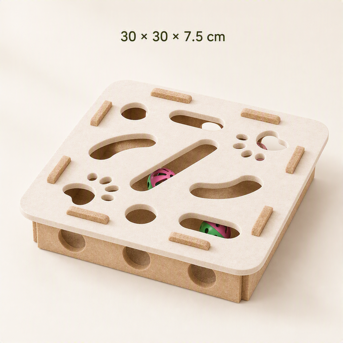 A square wooden cat toy with a light natural wood top and a slightly darker brown base, featuring cutout shapes and small wooden sticks. Colorful balls are visible inside some of the cutouts.