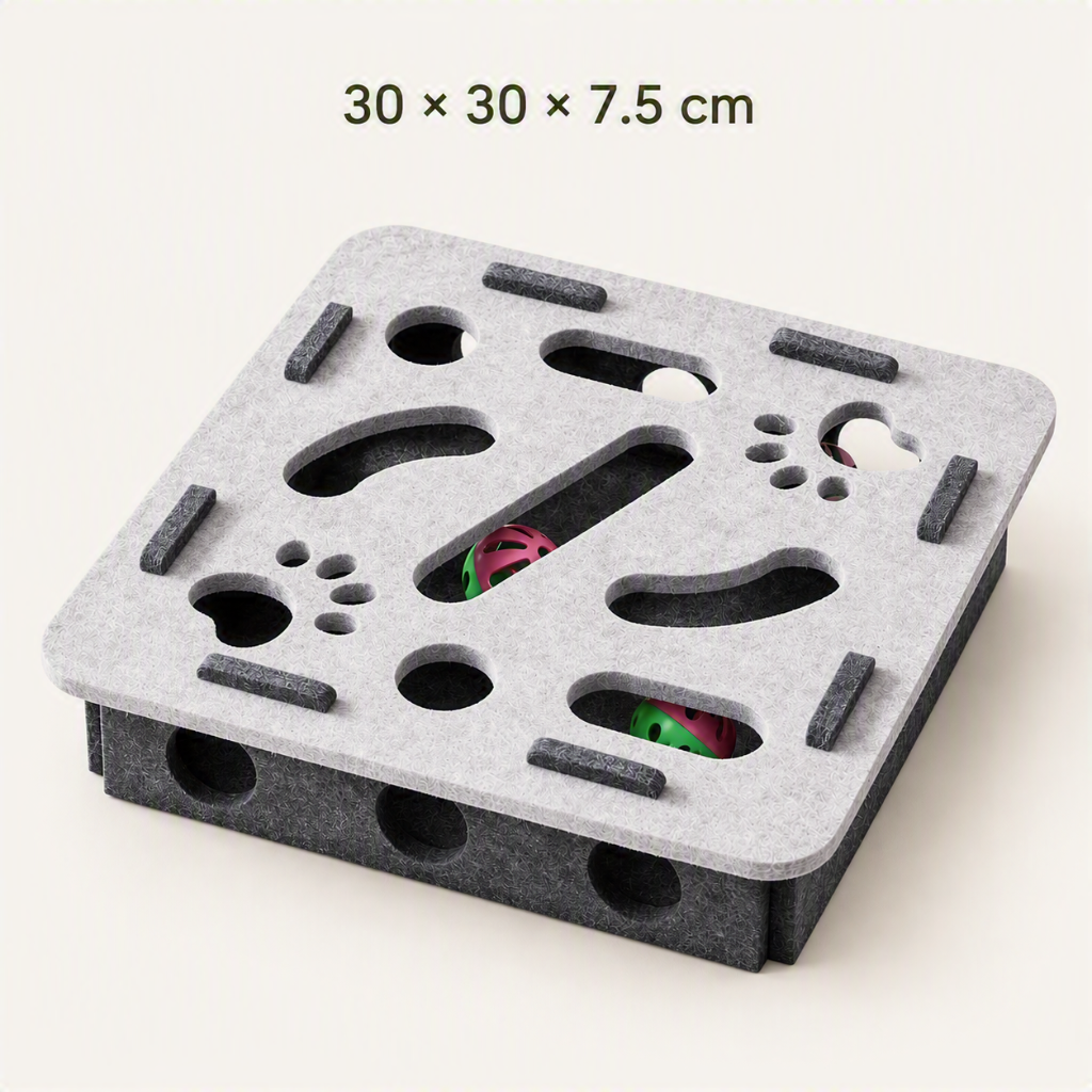 A square gray felt cat puzzle toy with dark gray foam base and cutouts, shown on a light beige background with text reading 30 x 30 x 7.5 cm.